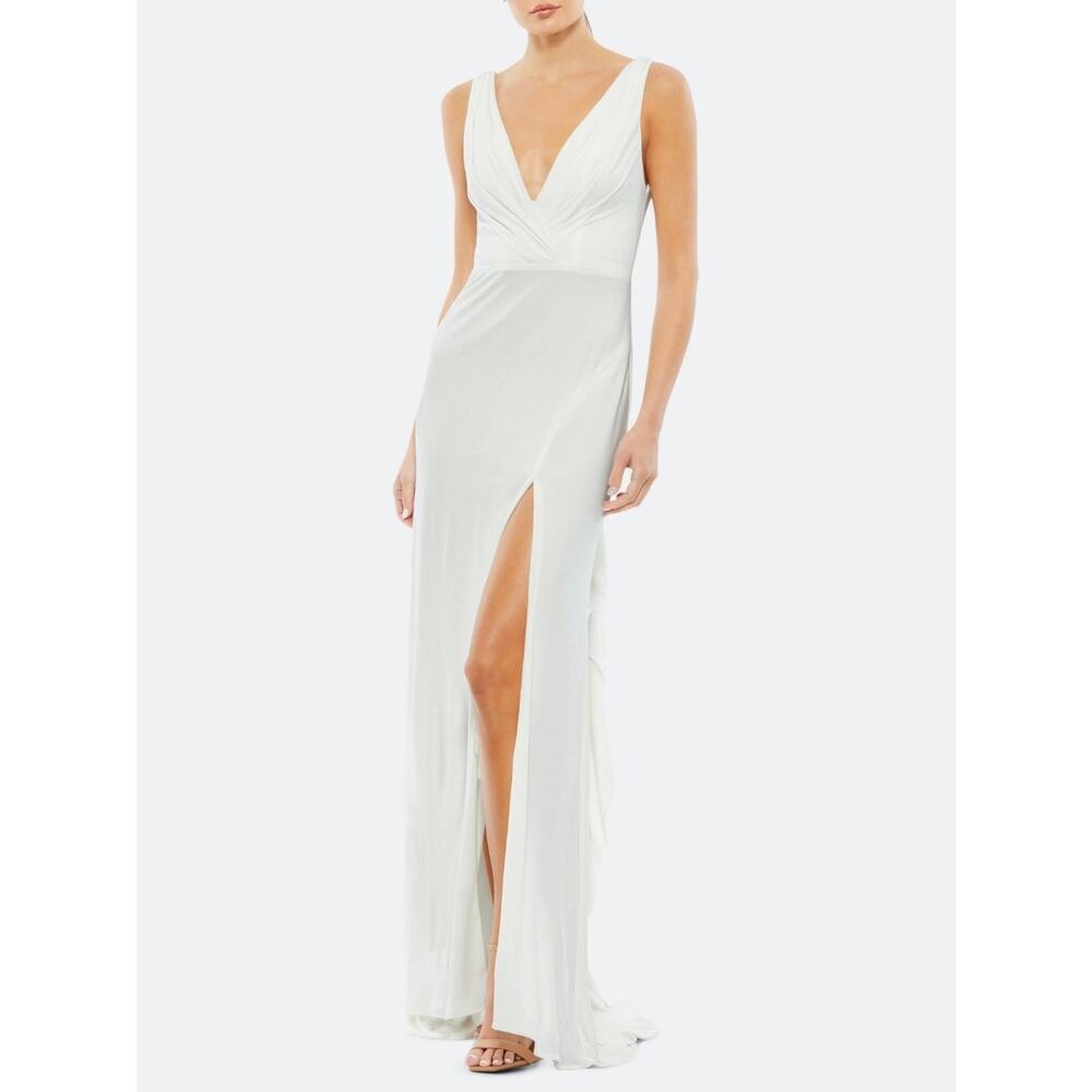 Mac Duggal Dress Bridal V Neck Jersey Train Slit White 12336CL Women's Size 8